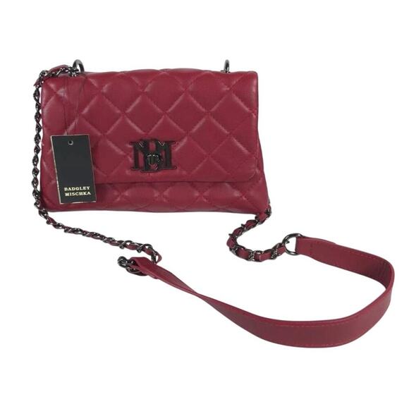 Badgley Mischka Designer Quilted Leather Red Silver Crossbody Purse - Picture 1 of 6
